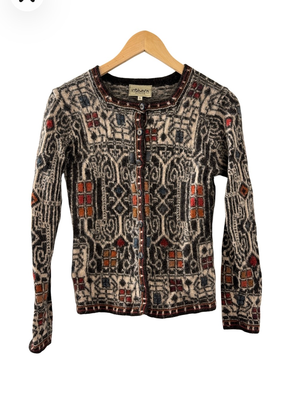 INTIWARA Alpaca Handmade Cardigan Sweater, Aztec Design Size Small EUC